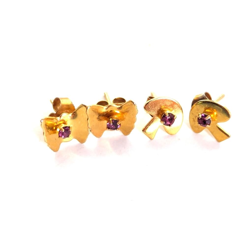 Vintage Dainty Y2K 2000s Tiny Mushroom Butterfly Purple Rhinestone Post Earrings